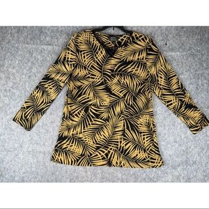 DT Collection Blouse Women's XL Yellow Black Leaf Print Long Sleeve V-Neck Top
